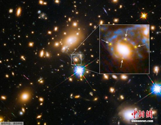 资料图：2015年3月5日，NASA发布了哈勃太空望远镜拍摄的MACS J1149.6+2223星系团照片。