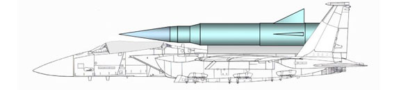 资料图：波音公司的“全球打击之鹰”方案示意图，使用F-15战斗机作为载具将火箭载到空中进行发射。