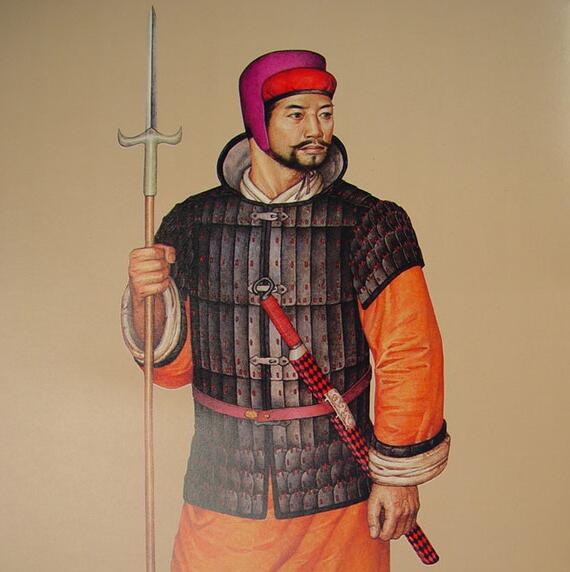 中国汉朝时期的骑兵装备，单兵配备了铠甲、佩剑、长兵器